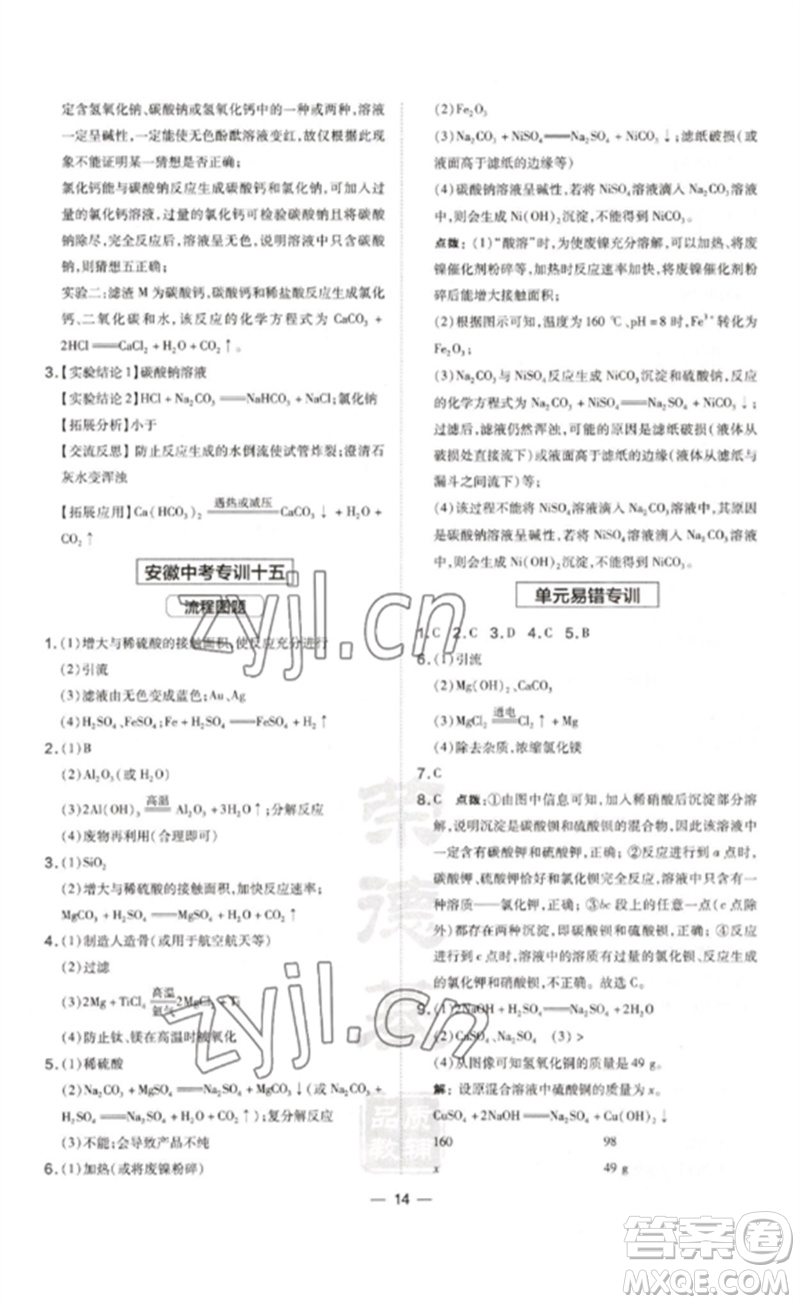 安徽教育出版社2023點撥訓(xùn)練九年級化學(xué)下冊人教版安徽專版參考答案