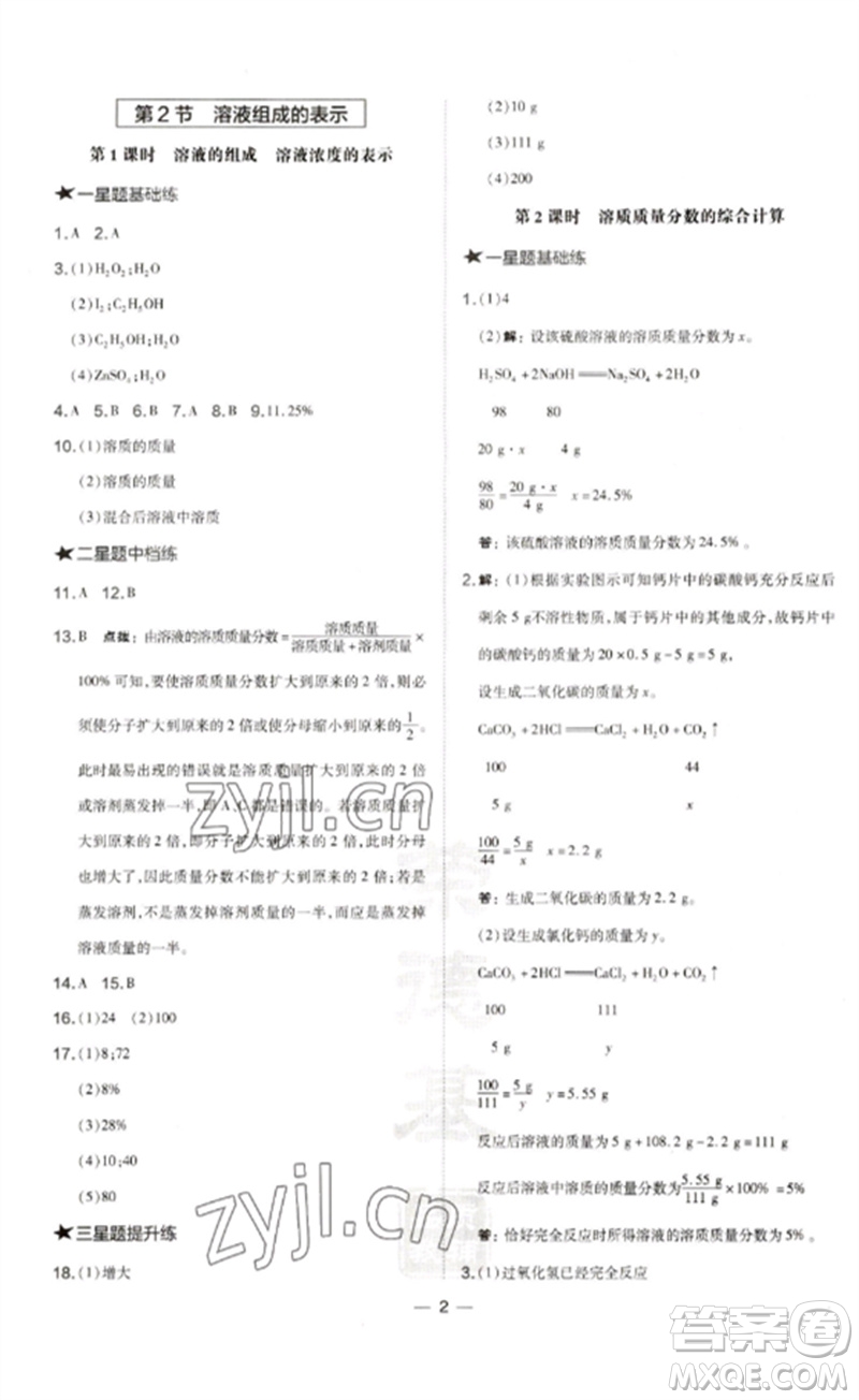 山西教育出版社2023點(diǎn)撥訓(xùn)練九年級化學(xué)下冊滬教版參考答案