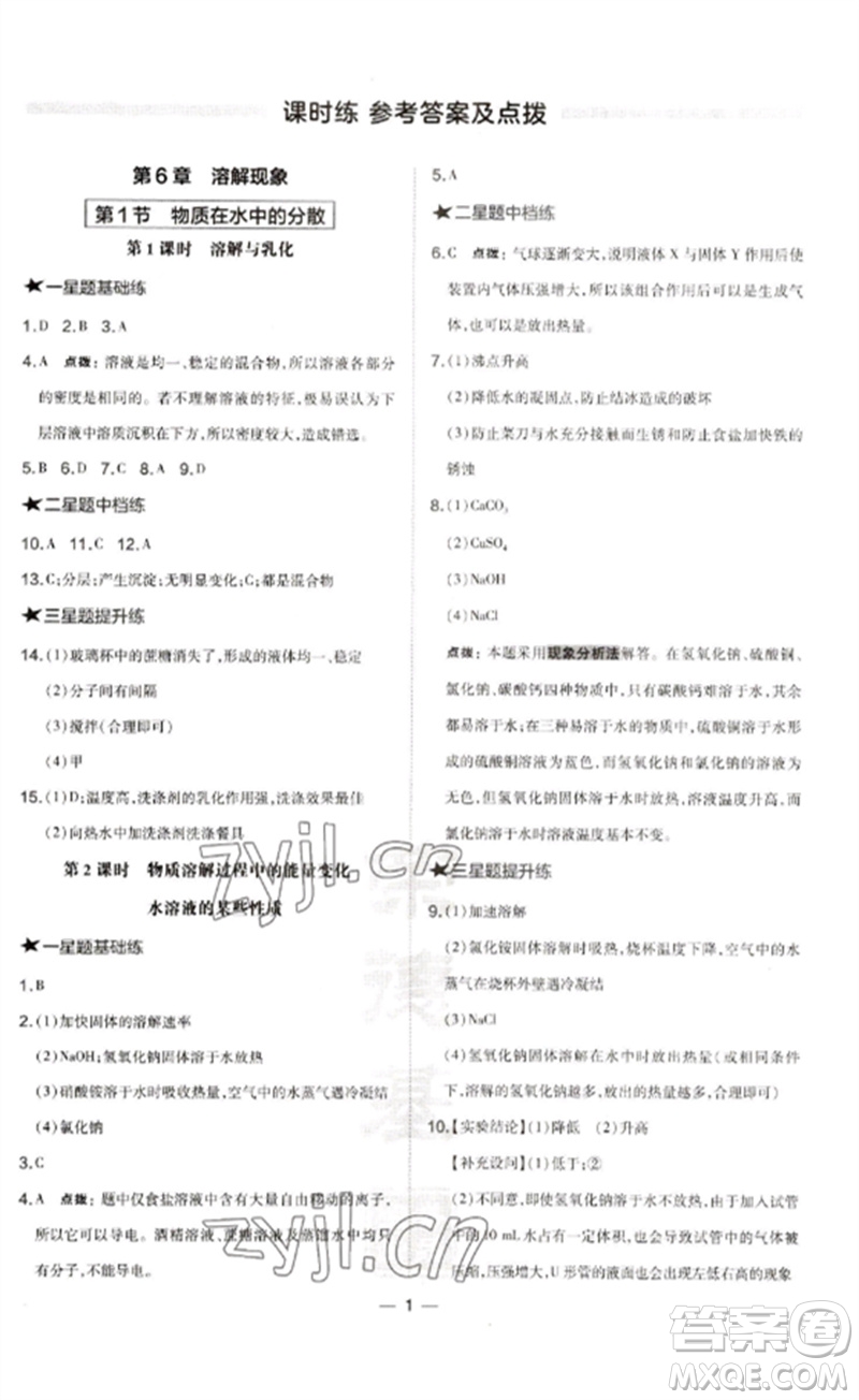 山西教育出版社2023點(diǎn)撥訓(xùn)練九年級化學(xué)下冊滬教版參考答案