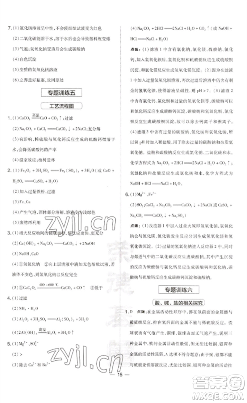 山西教育出版社2023點(diǎn)撥訓(xùn)練九年級化學(xué)下冊滬教版參考答案