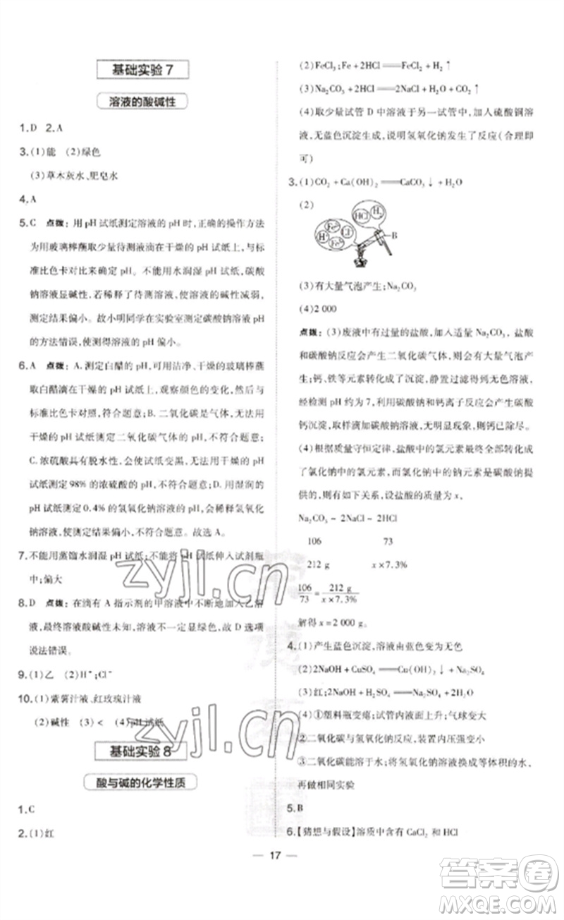 山西教育出版社2023點(diǎn)撥訓(xùn)練九年級化學(xué)下冊滬教版參考答案