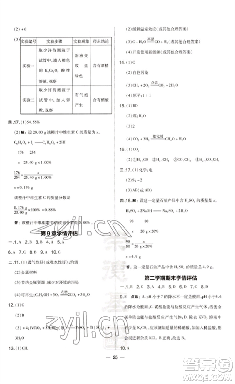 山西教育出版社2023點(diǎn)撥訓(xùn)練九年級化學(xué)下冊滬教版參考答案