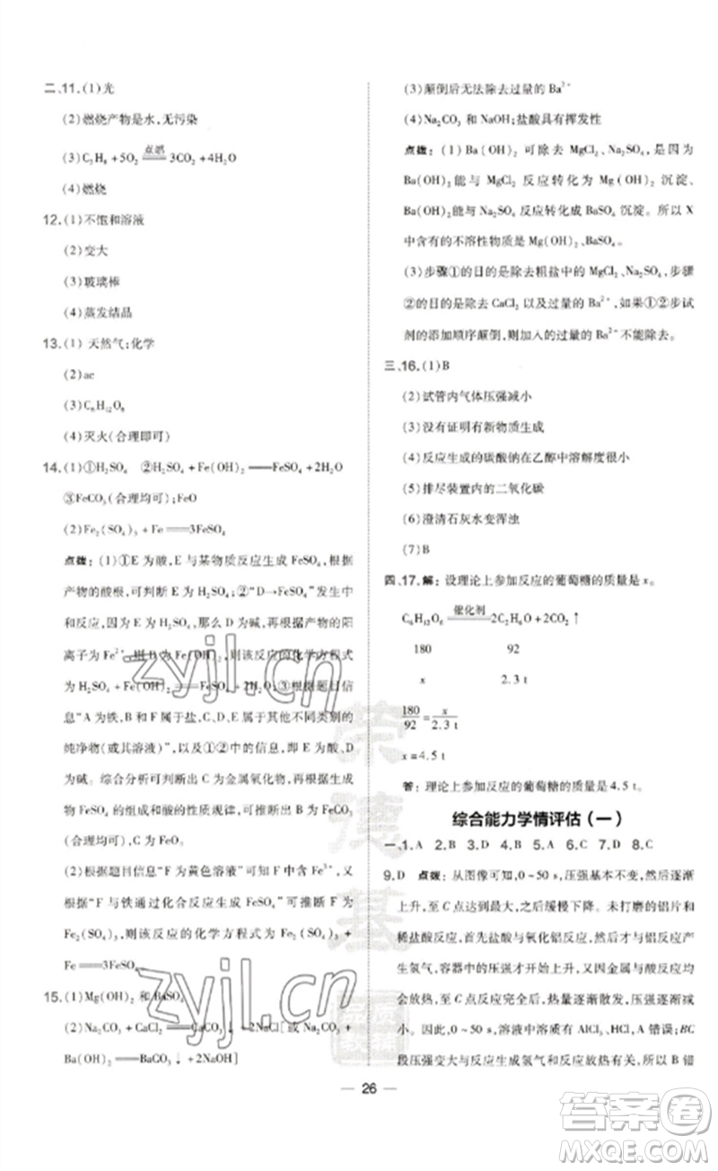 山西教育出版社2023點(diǎn)撥訓(xùn)練九年級化學(xué)下冊滬教版參考答案