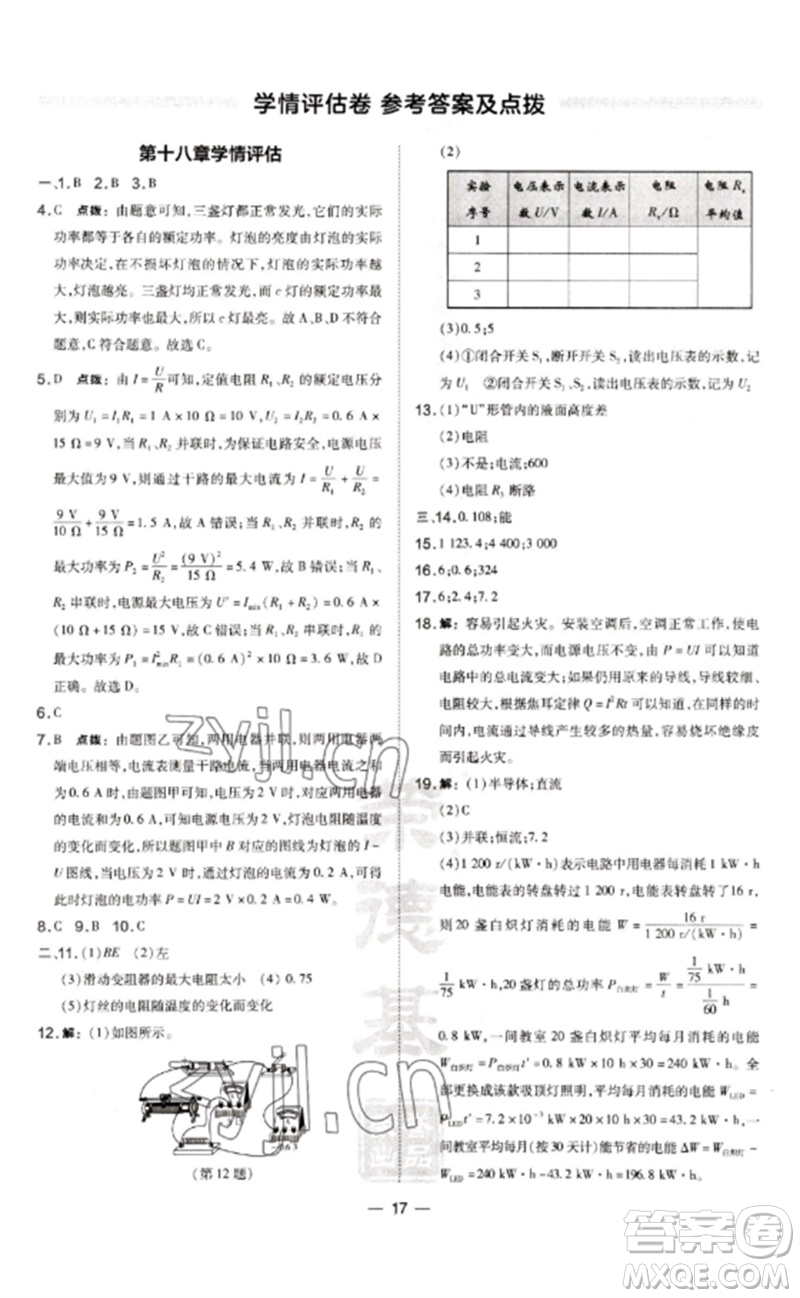 安徽教育出版社2023點(diǎn)撥訓(xùn)練九年級(jí)物理下冊(cè)人教版山西專版參考答案