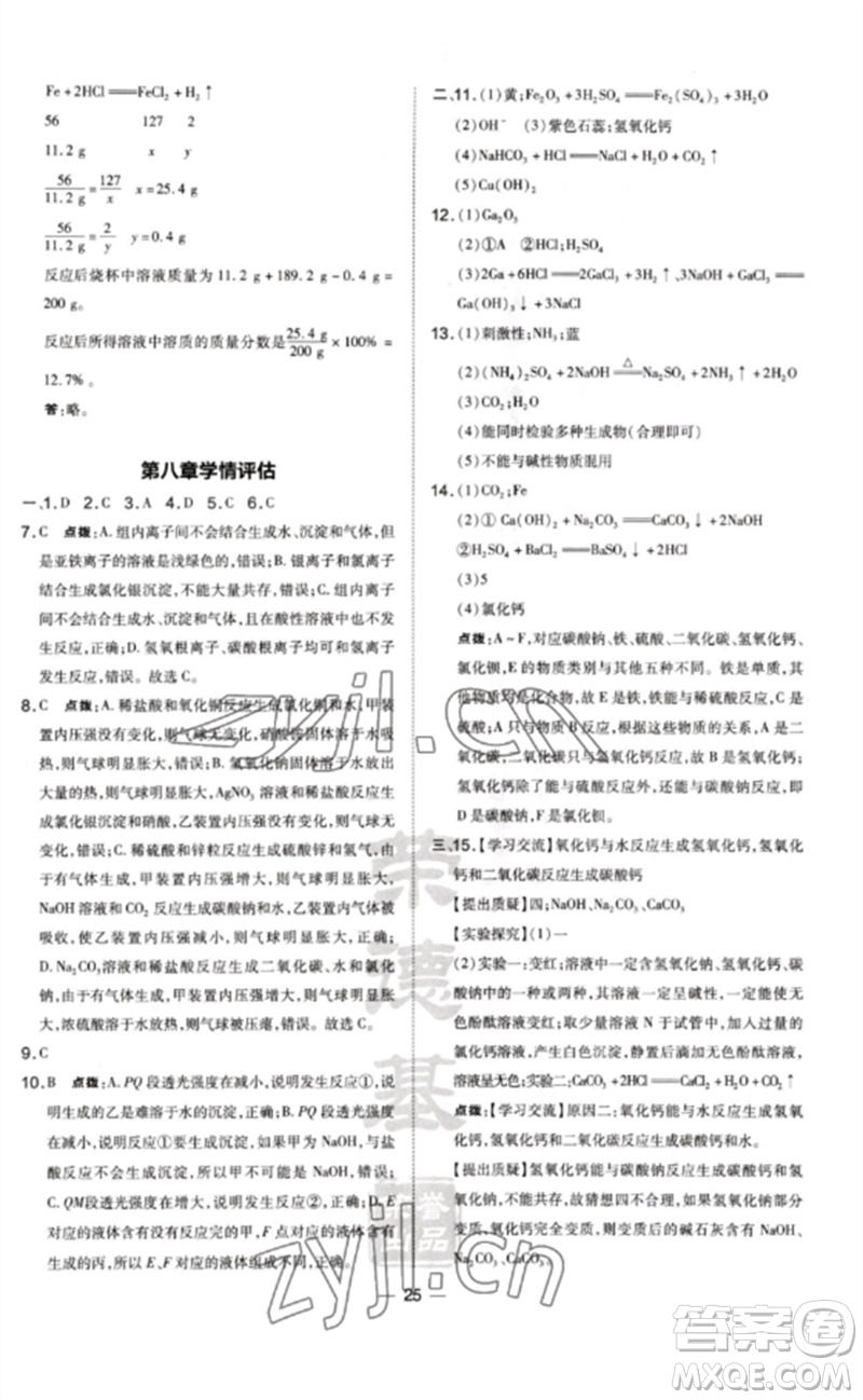 山西教育出版社2023點(diǎn)撥訓(xùn)練九年級(jí)化學(xué)下冊(cè)科粵版參考答案