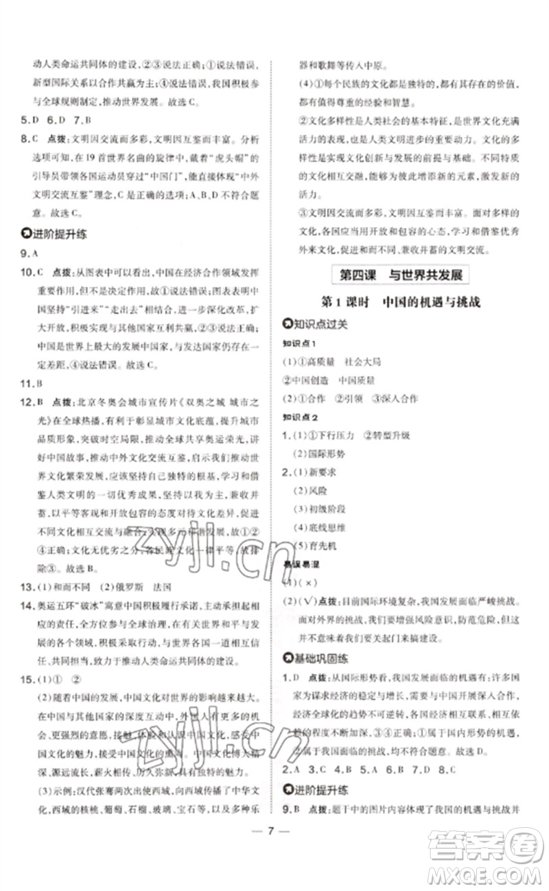 安徽教育出版社2023點撥訓練九年級道德與法治下冊人教版山西專版參考答案