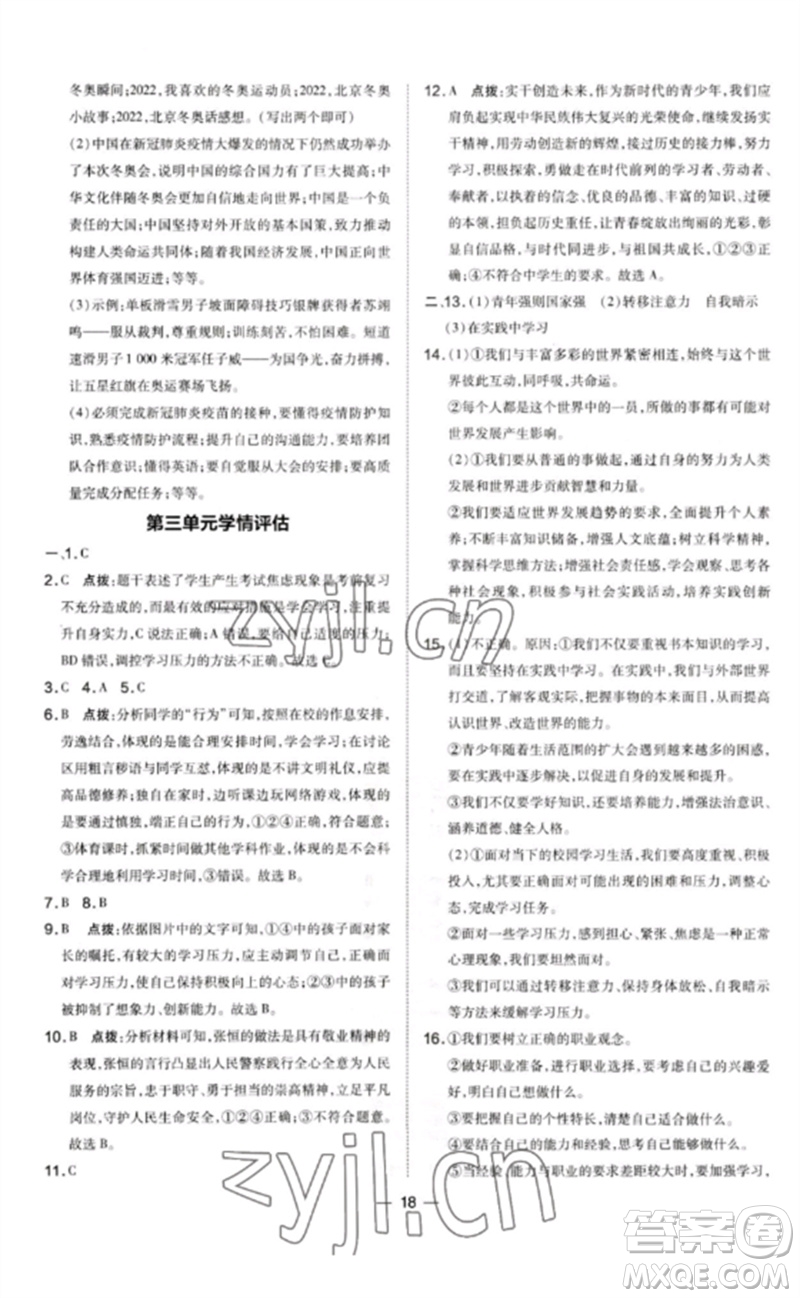 安徽教育出版社2023點撥訓練九年級道德與法治下冊人教版山西專版參考答案