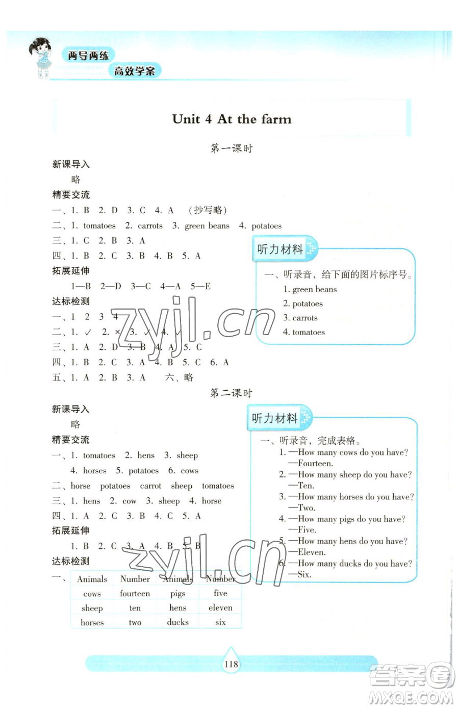 希望出版社2023新課標兩導兩練高效學案四年級下冊英語人教版參考答案