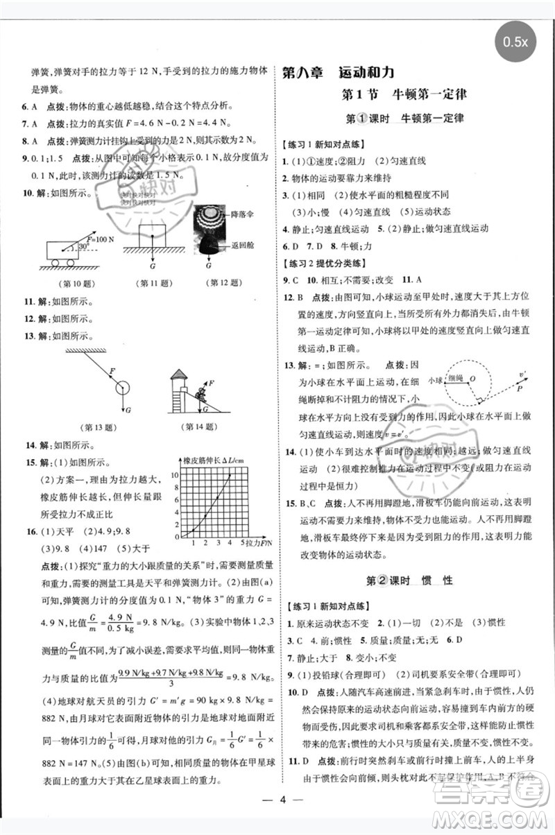 吉林教育出版社2023點撥訓(xùn)練八年級物理下冊人教版參考答案