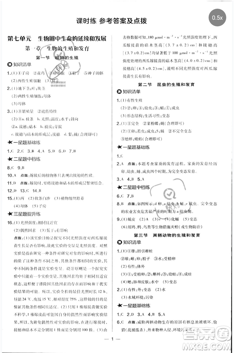 吉林教育出版社2023點撥訓練八年級生物下冊人教版參考答案