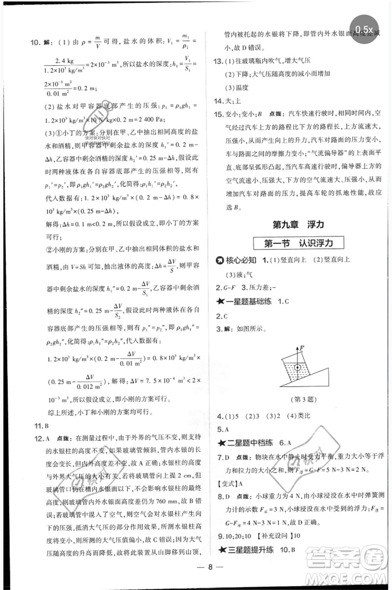 山西教育出版社2023點(diǎn)撥訓(xùn)練八年級(jí)物理下冊(cè)滬科版參考答案