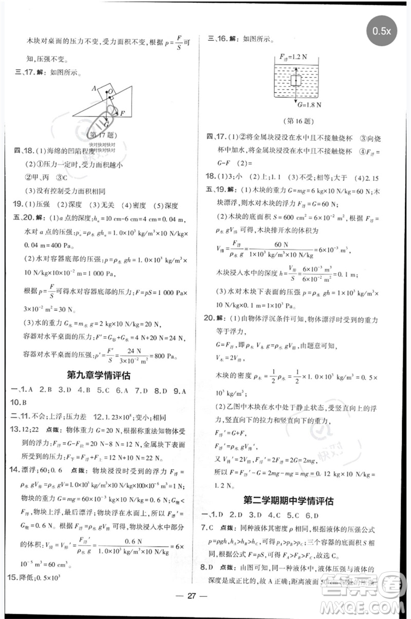 山西教育出版社2023點(diǎn)撥訓(xùn)練八年級(jí)物理下冊(cè)滬科版參考答案