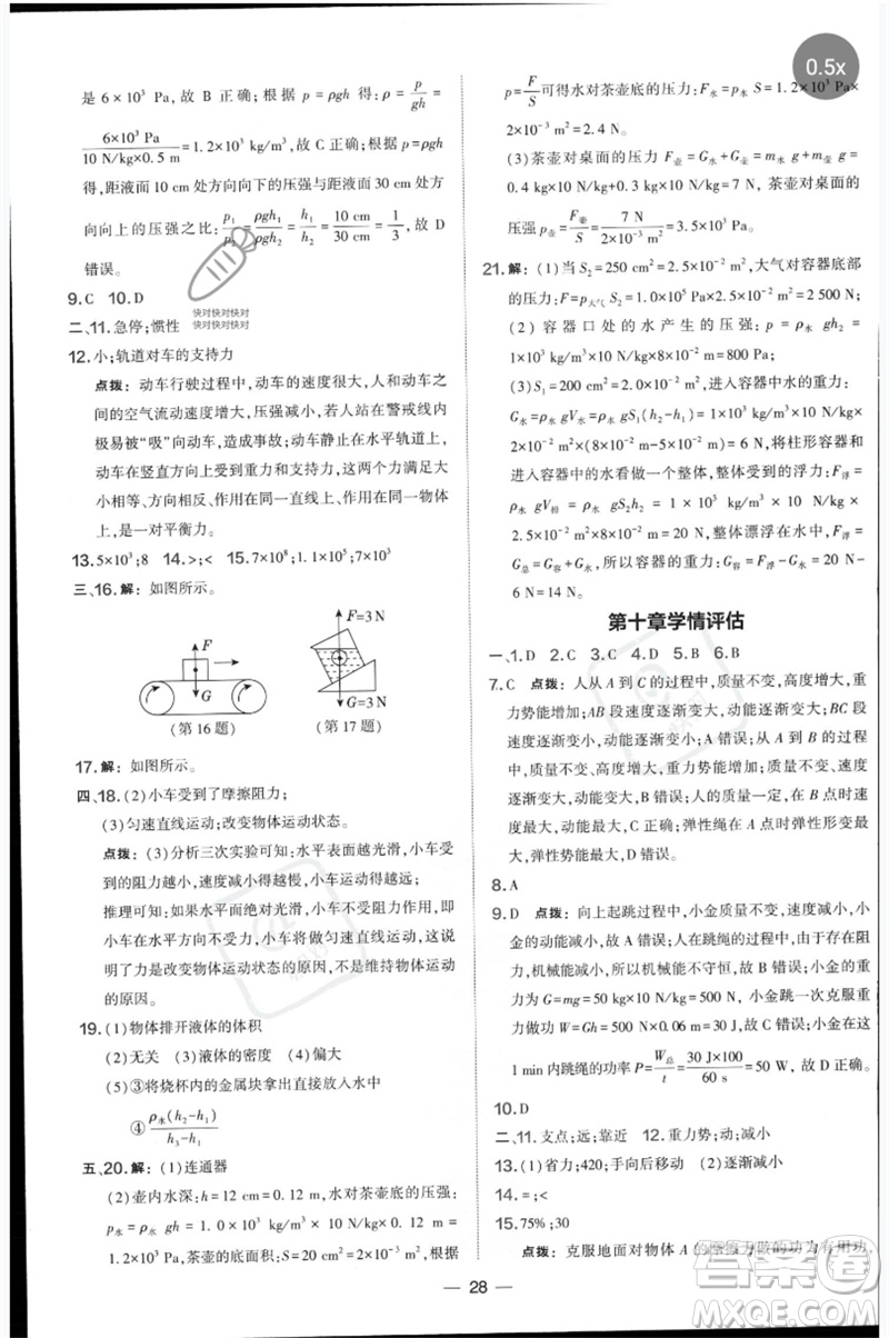 山西教育出版社2023點(diǎn)撥訓(xùn)練八年級(jí)物理下冊(cè)滬科版參考答案