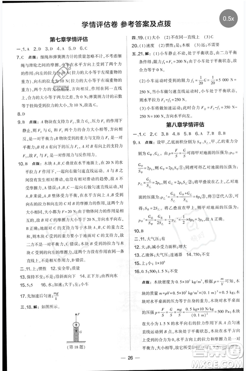 山西教育出版社2023點(diǎn)撥訓(xùn)練八年級(jí)物理下冊(cè)滬科版參考答案