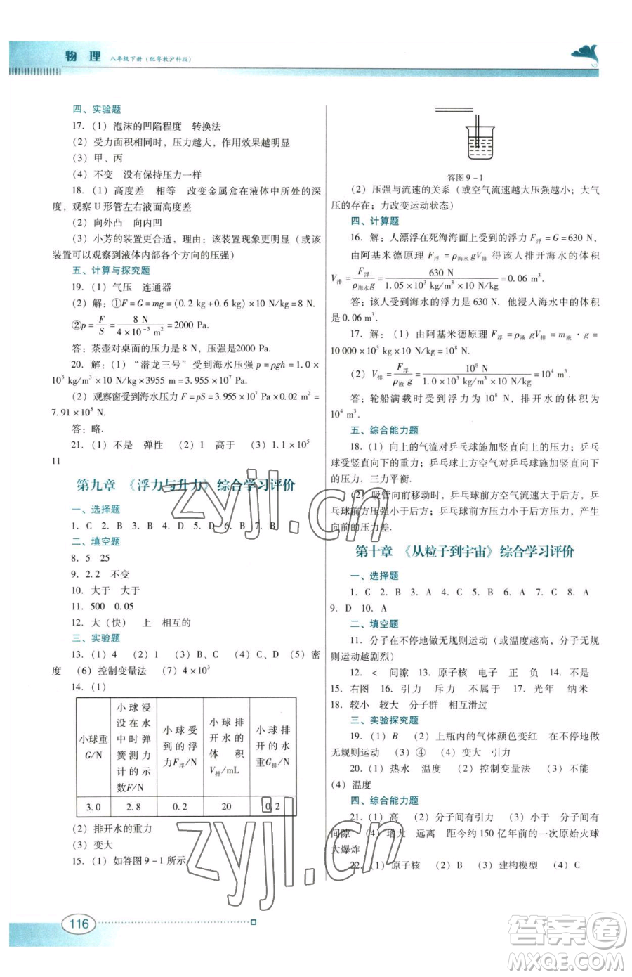 廣東教育出版社2023南方新課堂金牌學案八年級下冊物理滬粵版參考答案