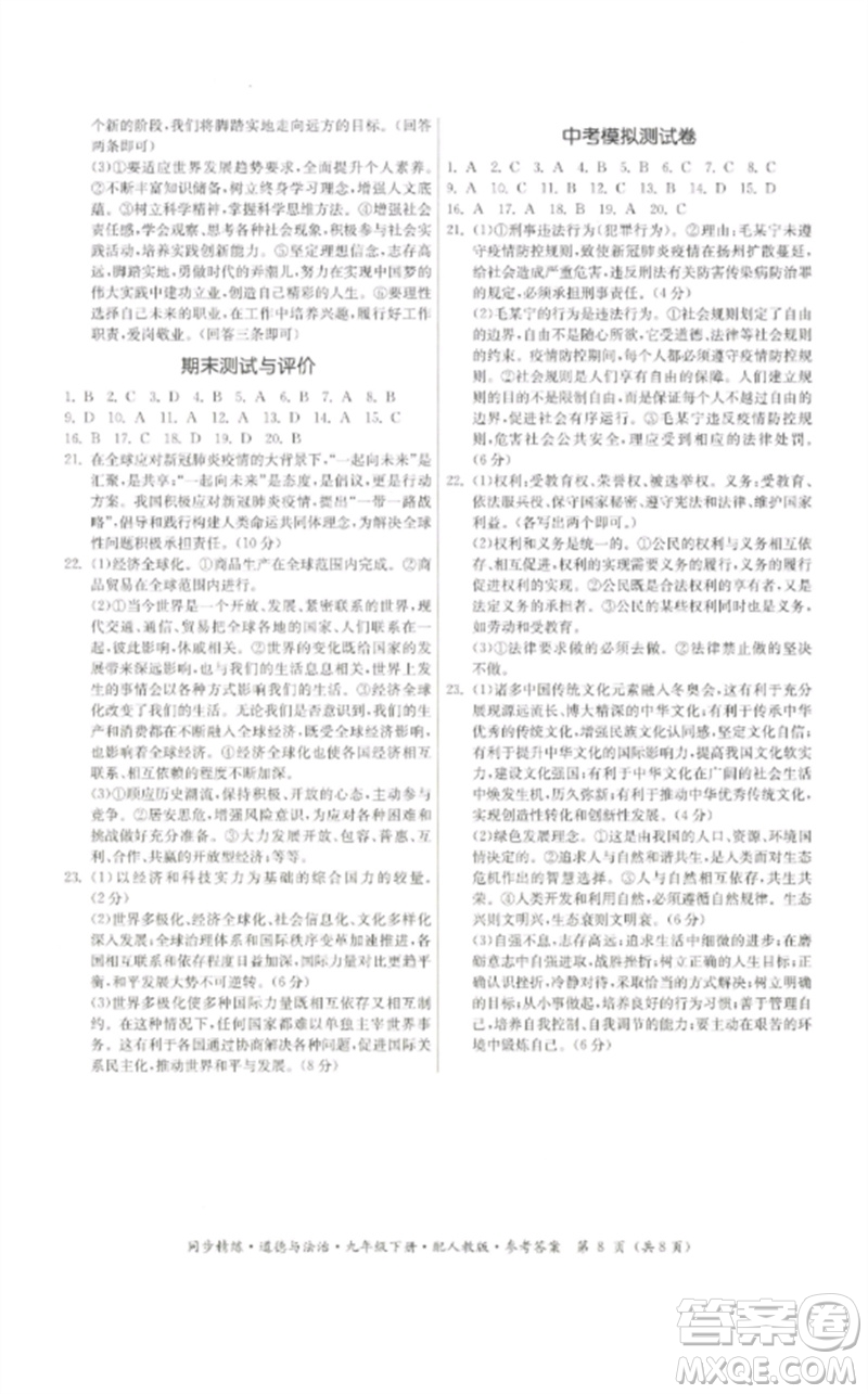 廣東教育出版社2023名師小課堂同步精練九年級道德與法治下冊人教版參考答案