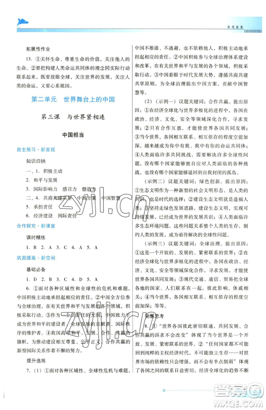 廣東教育出版社2023南方新課堂金牌學(xué)案九年級下冊道德與法治人教版參考答案