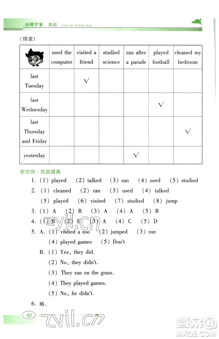 廣東教育出版社2023南方新課堂金牌學(xué)案六年級下冊英語粵教人民版參考答案