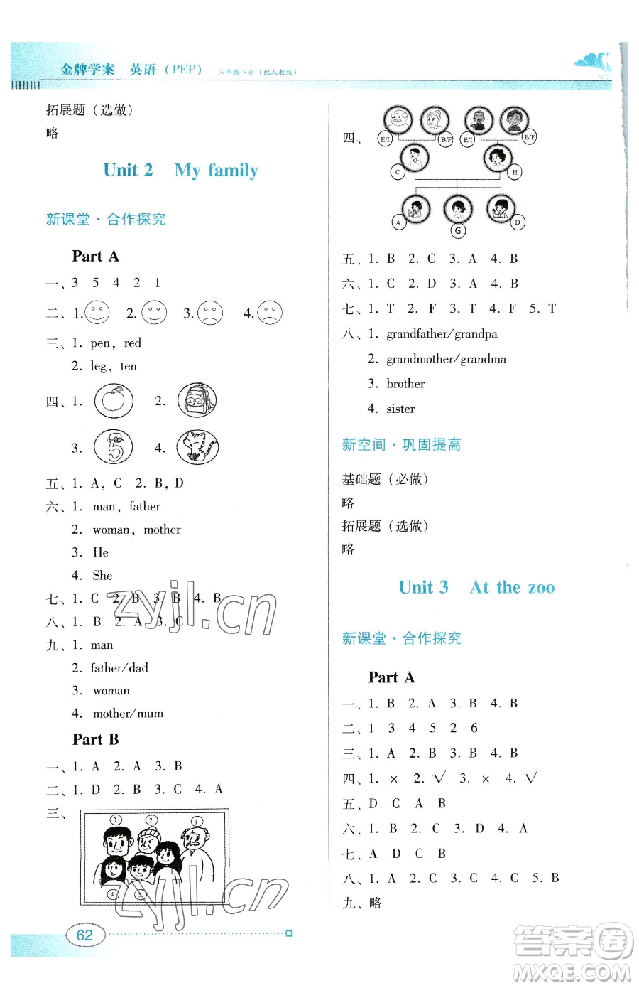 廣東教育出版社2023南方新課堂金牌學案三年級下冊英語人教PEP版參考答案