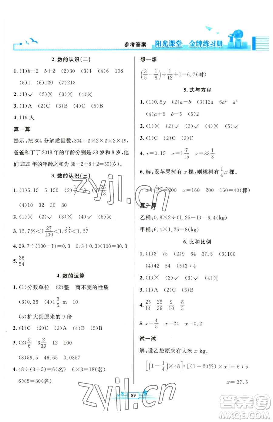 人民教育出版社2023陽(yáng)光課堂金牌練習(xí)冊(cè)六年級(jí)下冊(cè)數(shù)學(xué)人教版參考答案