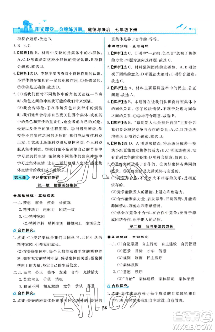 人民教育出版社2023陽(yáng)光課堂金牌練習(xí)冊(cè)七年級(jí)下冊(cè)道德與法治人教版參考答案