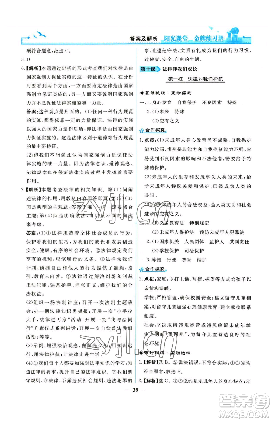 人民教育出版社2023陽(yáng)光課堂金牌練習(xí)冊(cè)七年級(jí)下冊(cè)道德與法治人教版參考答案