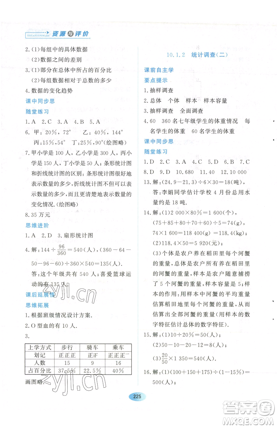 黑龍江教育出版社2023資源與評價(jià)七年級下冊數(shù)學(xué)人教版參考答案