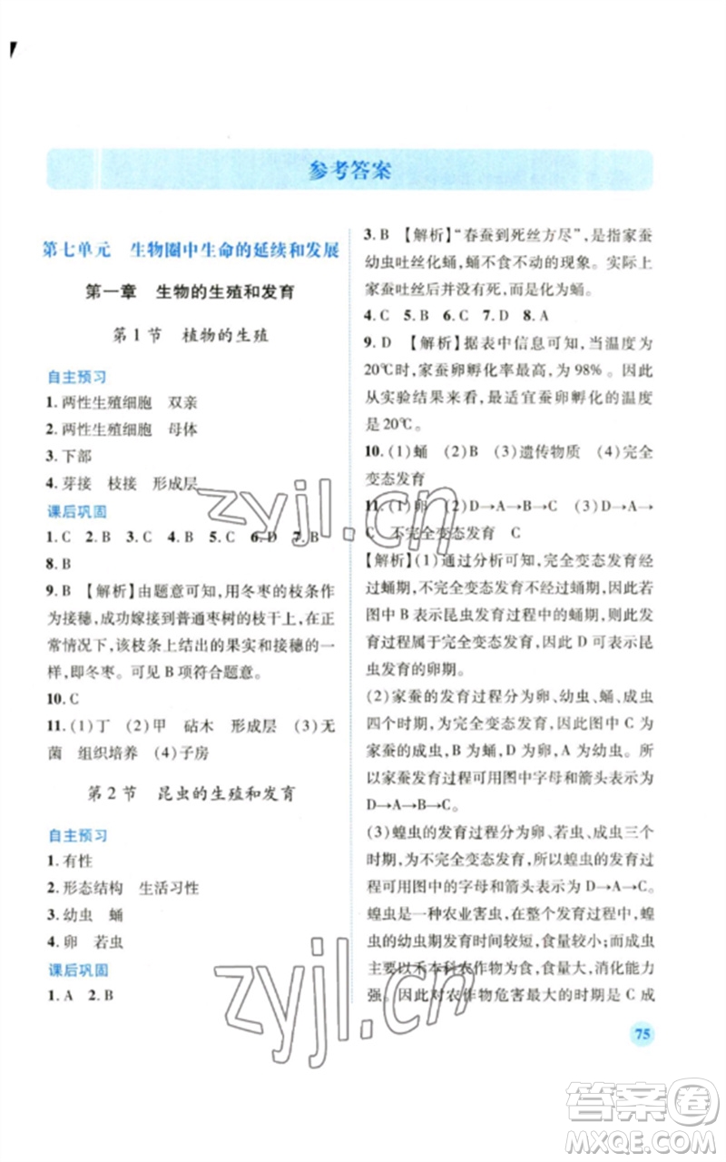 人民教育出版社2023績優(yōu)學(xué)案八年級(jí)生物下冊人教版參考答案