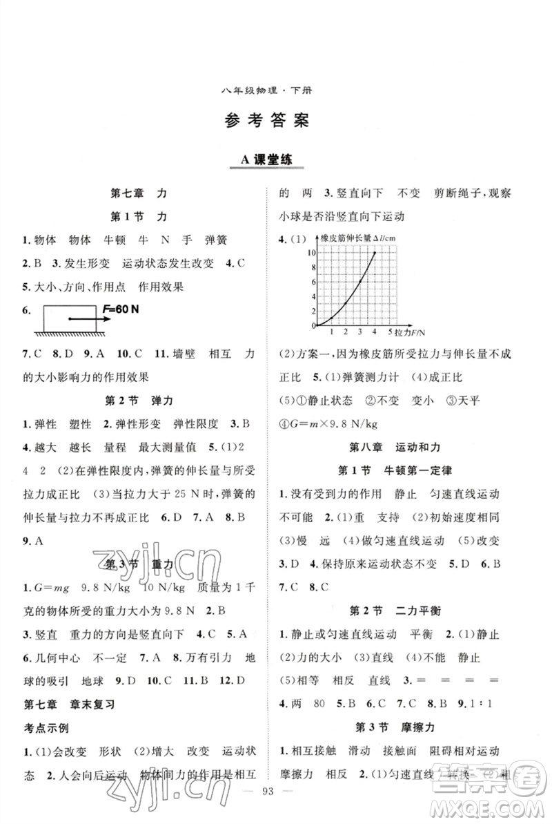 長江少年兒童出版社2023優(yōu)質課堂導學案B自主作業(yè)八年級物理下冊人教版參考答案