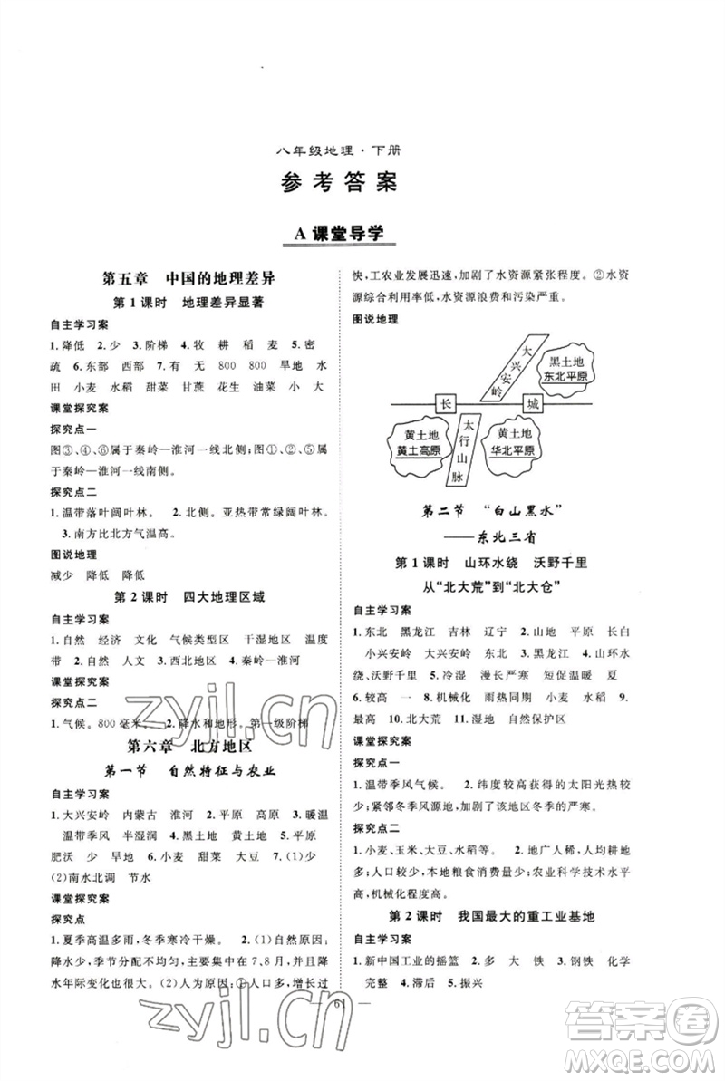 長江少年兒童出版社2023優(yōu)質(zhì)課堂導(dǎo)學(xué)案B課后作業(yè)八年級地理下冊人教版參考答案