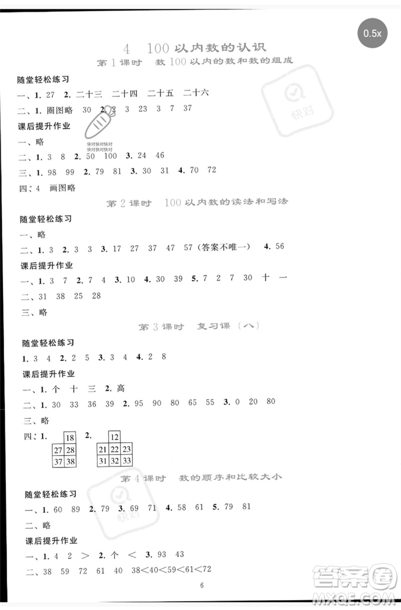 人民教育出版社2023同步輕松練習(xí)一年級(jí)數(shù)學(xué)下冊(cè)人教版參考答案