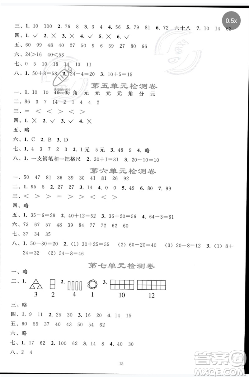 人民教育出版社2023同步輕松練習(xí)一年級(jí)數(shù)學(xué)下冊(cè)人教版參考答案