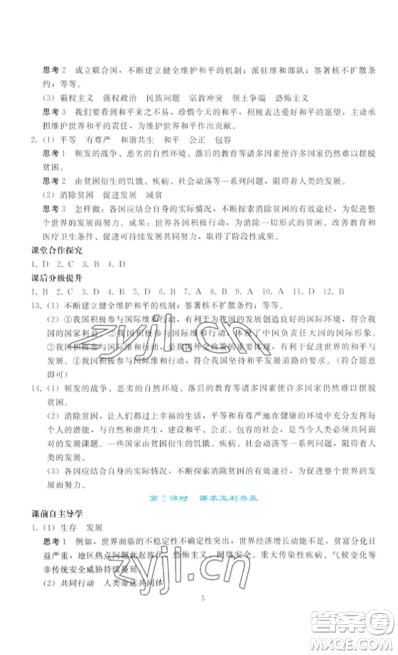 人民教育出版社2023同步輕松練習(xí)九年級道德與法治下冊人教版參考答案