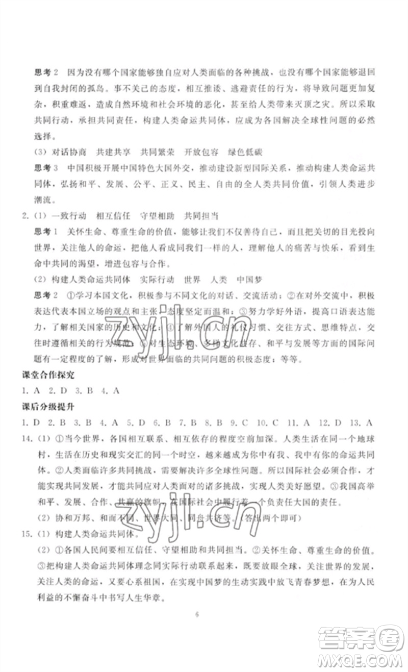 人民教育出版社2023同步輕松練習(xí)九年級道德與法治下冊人教版參考答案