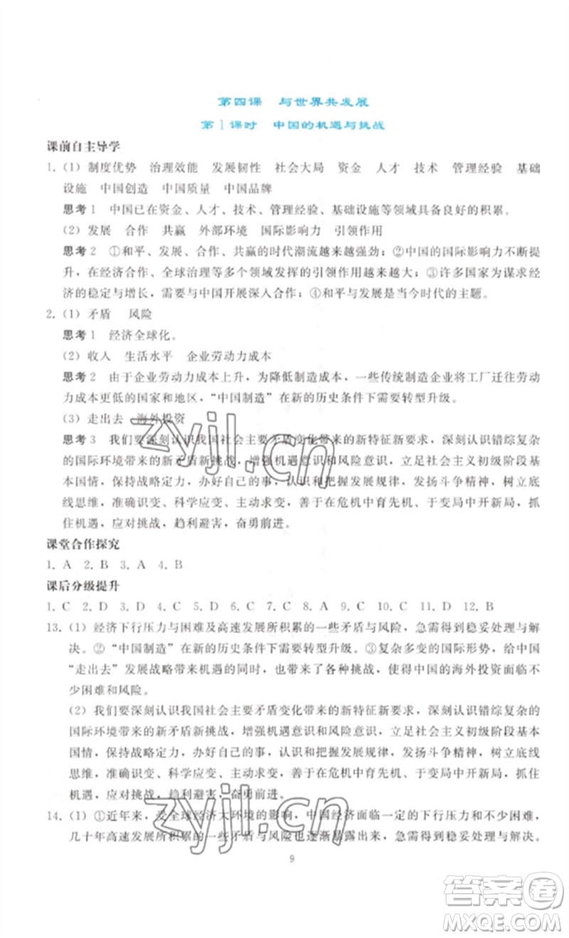 人民教育出版社2023同步輕松練習(xí)九年級道德與法治下冊人教版參考答案