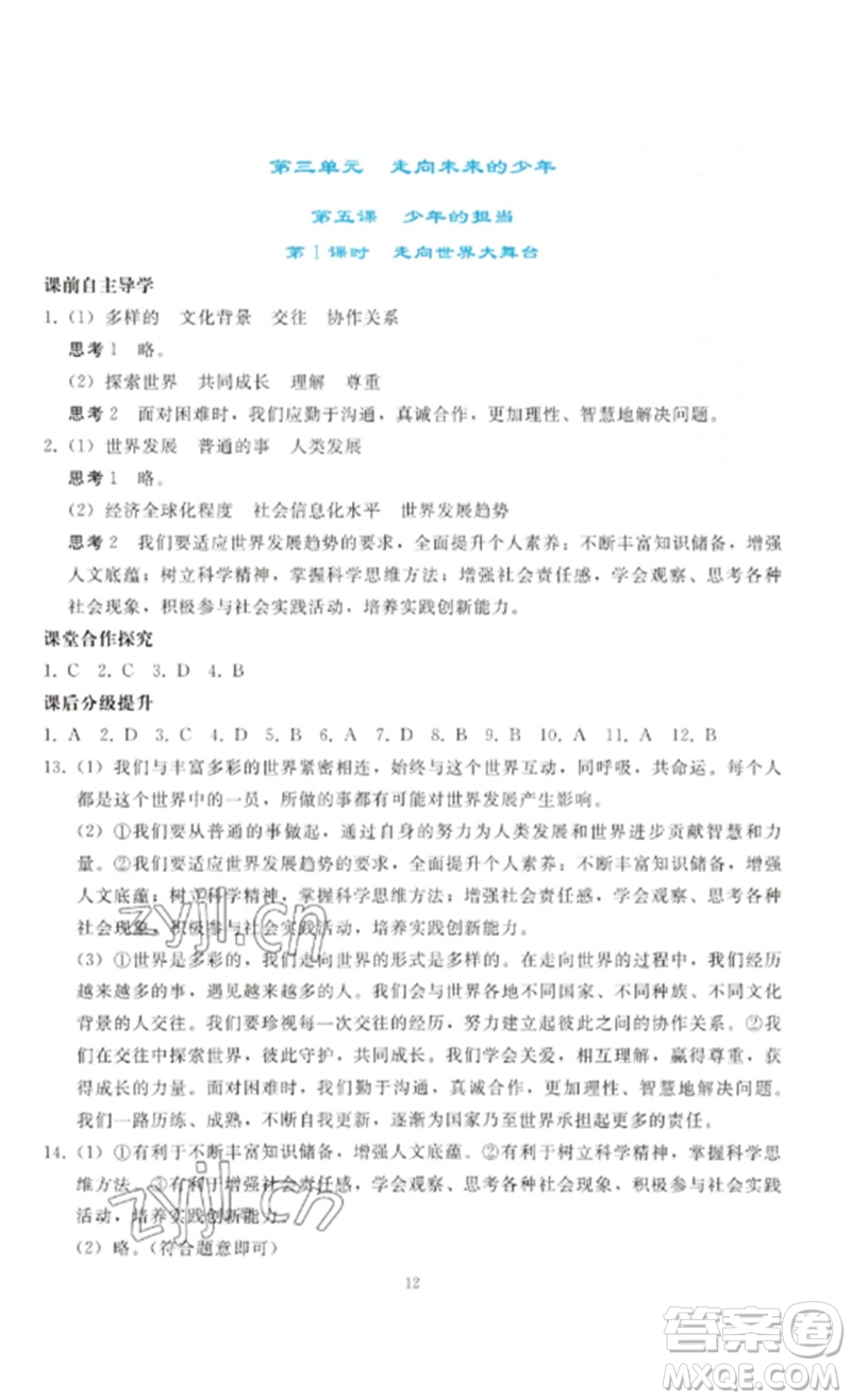 人民教育出版社2023同步輕松練習(xí)九年級道德與法治下冊人教版參考答案