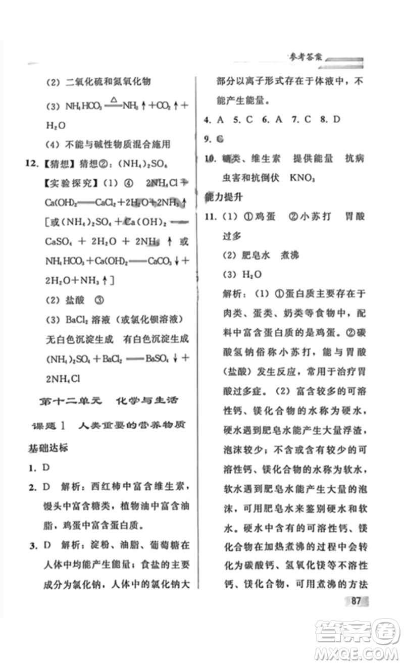 人民教育出版社2023同步輕松練習(xí)九年級(jí)化學(xué)下冊(cè)人教版重慶專版參考答案