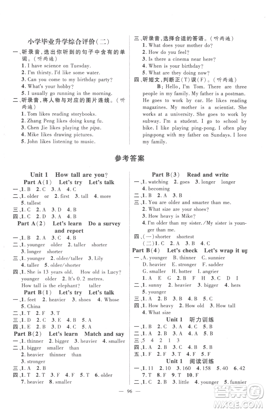 江西教育出版社2023名師測(cè)控六年級(jí)下冊(cè)英語(yǔ)人教版參考答案