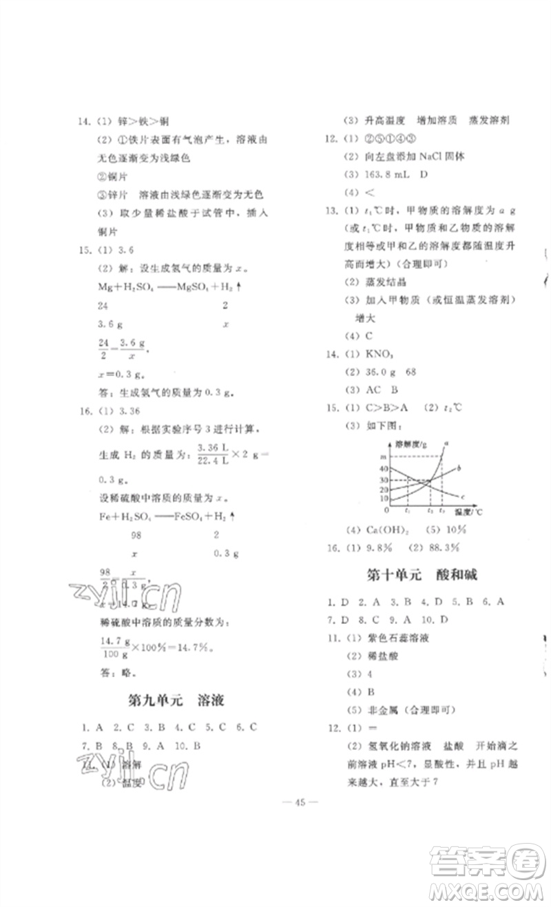 人民教育出版社2023同步輕松練習九年級化學總復習人教版參考答案