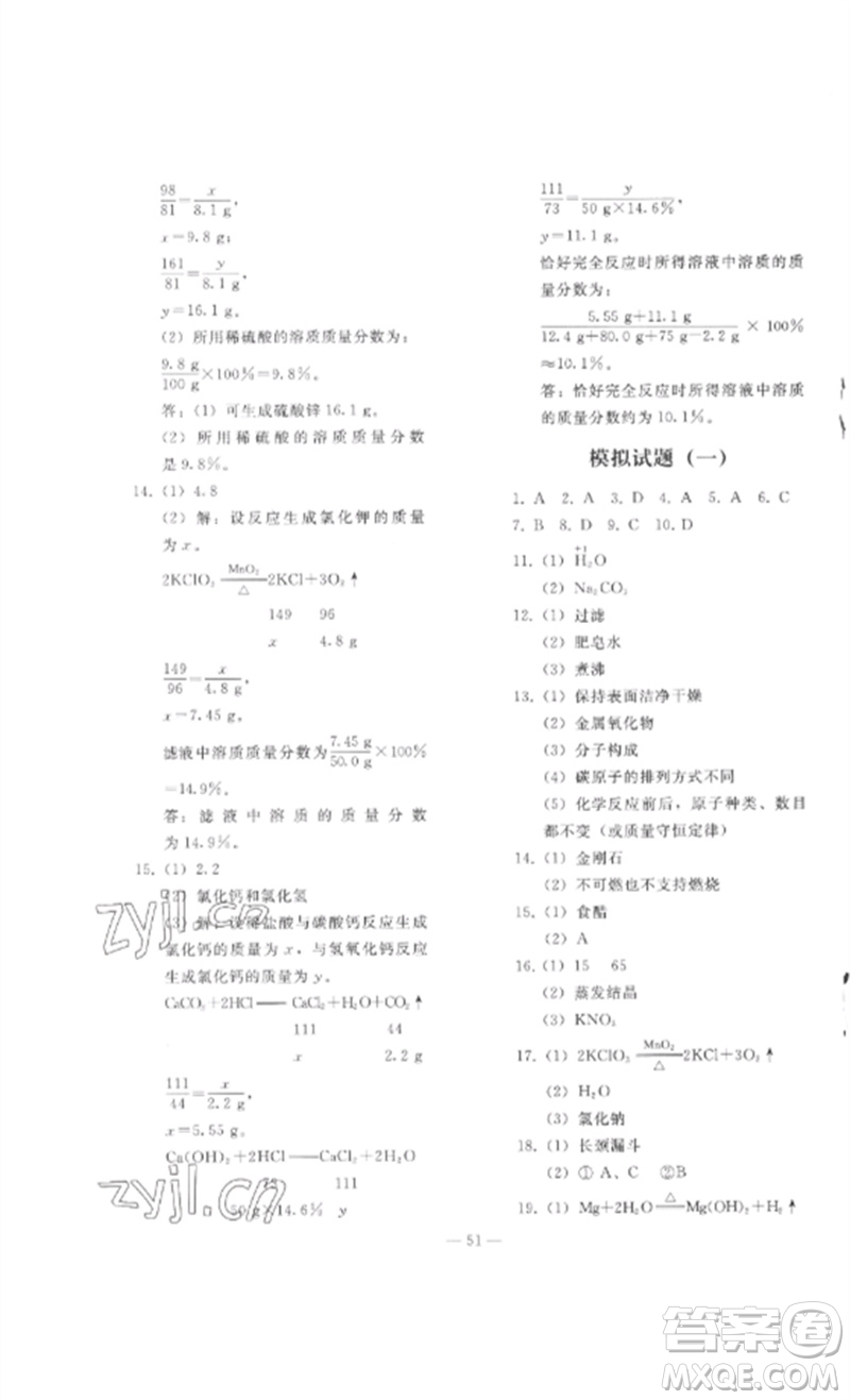 人民教育出版社2023同步輕松練習九年級化學總復習人教版參考答案