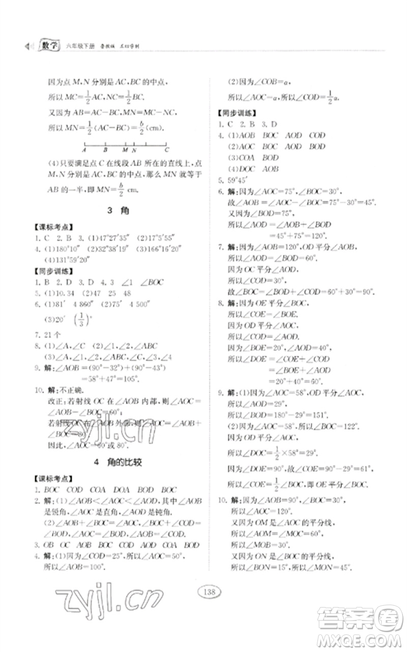 山東科學技術(shù)出版社2023初中同步練習冊六年級數(shù)學下冊魯教版五四制參考答案