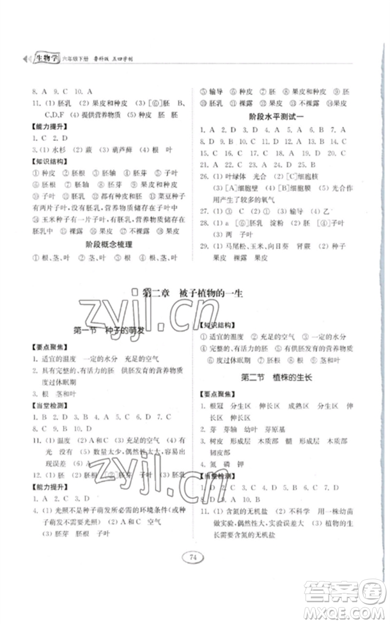 山東科學(xué)技術(shù)出版社2023初中同步練習(xí)冊六年級生物下冊魯科版五四制參考答案