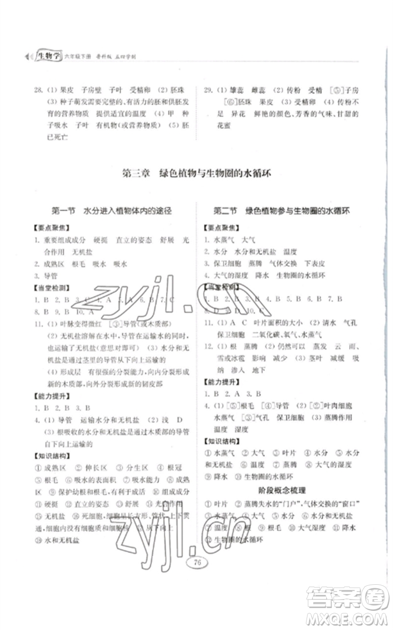 山東科學(xué)技術(shù)出版社2023初中同步練習(xí)冊六年級生物下冊魯科版五四制參考答案