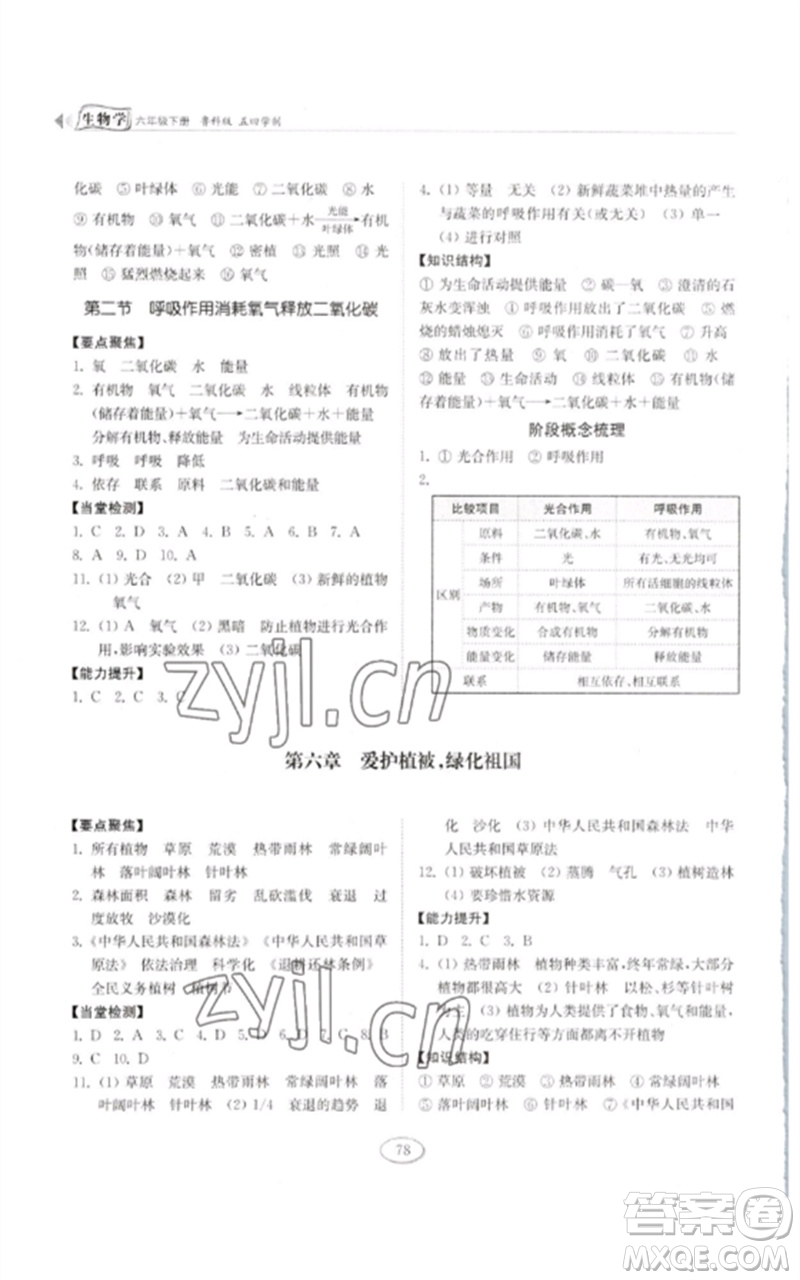 山東科學(xué)技術(shù)出版社2023初中同步練習(xí)冊六年級生物下冊魯科版五四制參考答案