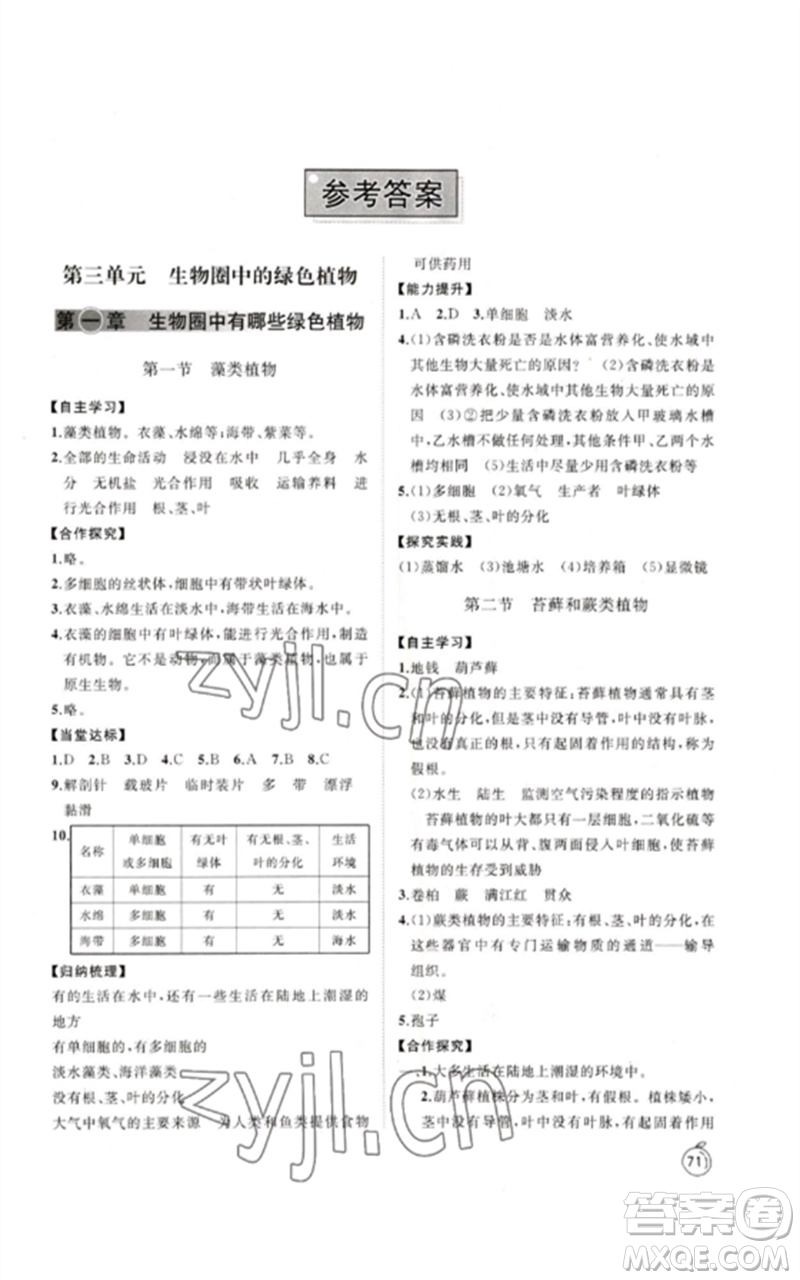 山東友誼出版社2023初中同步練習(xí)冊六年級生物下冊魯科版五四制參考答案