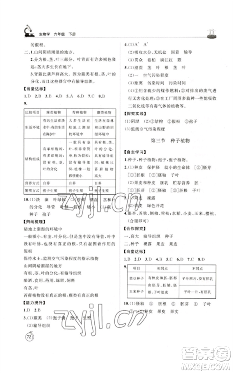 山東友誼出版社2023初中同步練習(xí)冊六年級生物下冊魯科版五四制參考答案