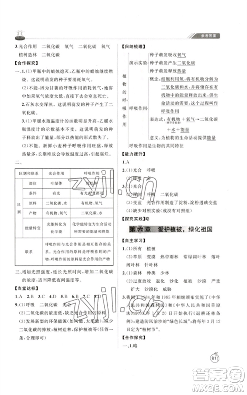 山東友誼出版社2023初中同步練習(xí)冊六年級生物下冊魯科版五四制參考答案