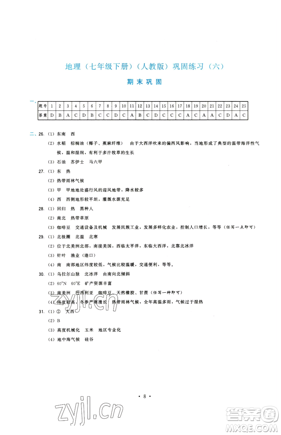 福建人民出版社2023頂尖課課練七年級下冊地理人教版參考答案