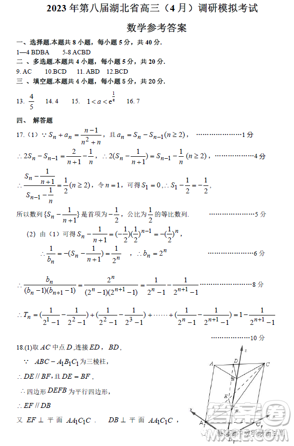 2023第八屆湖北省高三4月調(diào)研模擬考試數(shù)學試卷答案