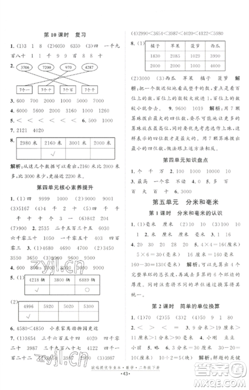 江蘇鳳凰美術(shù)出版社2023歐啦提優(yōu)作業(yè)本二年級數(shù)學(xué)下冊蘇教版參考答案